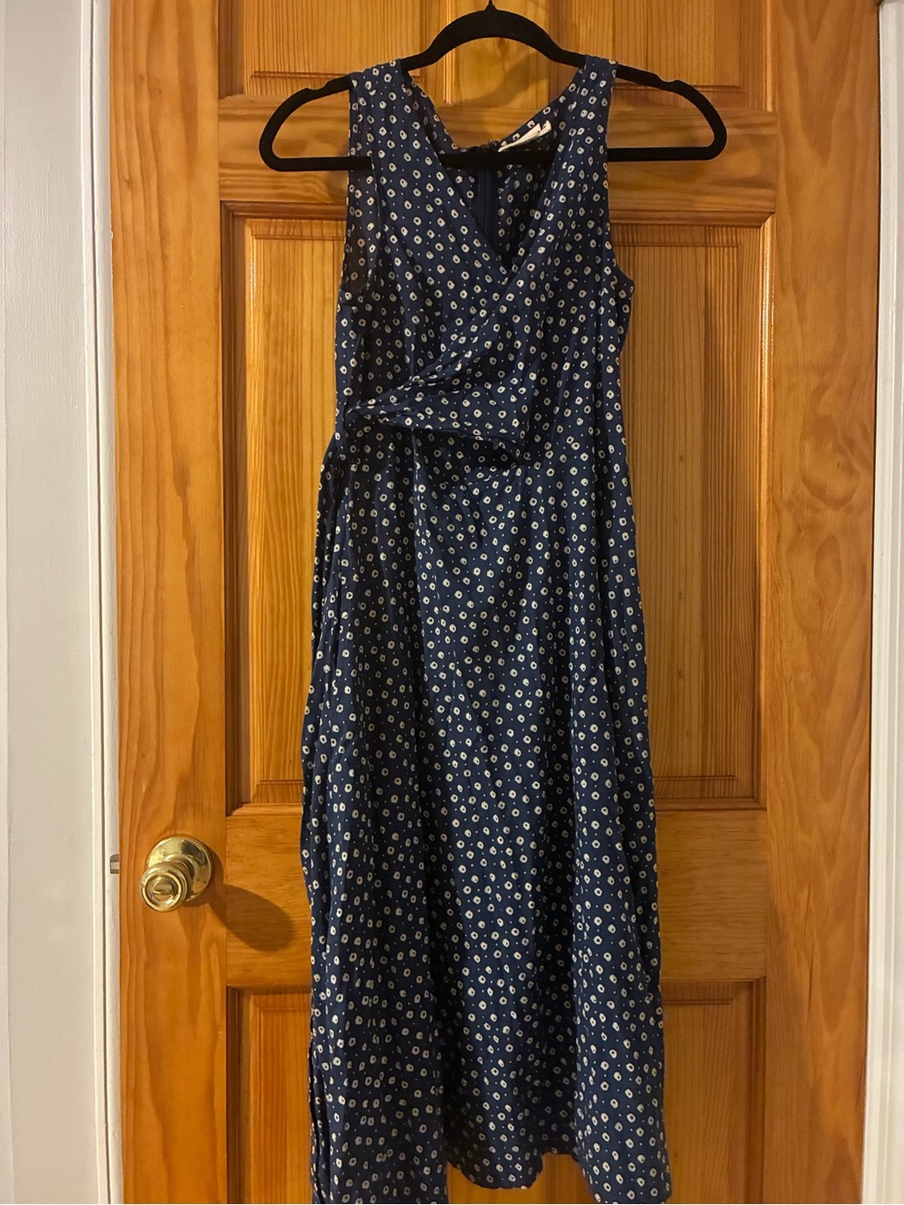 Mata Traders Navy Blue Sleeveless Wrap Midi Dress with White Dot Print